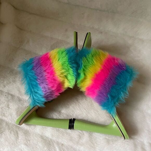 Green with multi color furry slip on heels sandals square toe EUR size 42 - Picture 4 of 9
